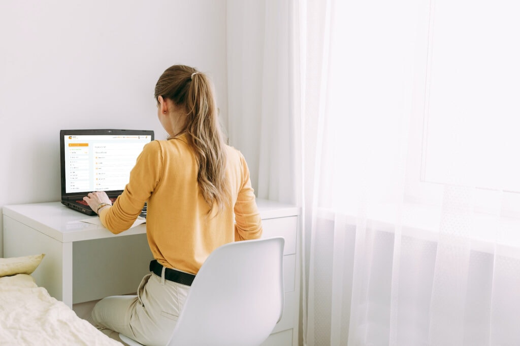 Woman on computer accessing rural Telehealth services