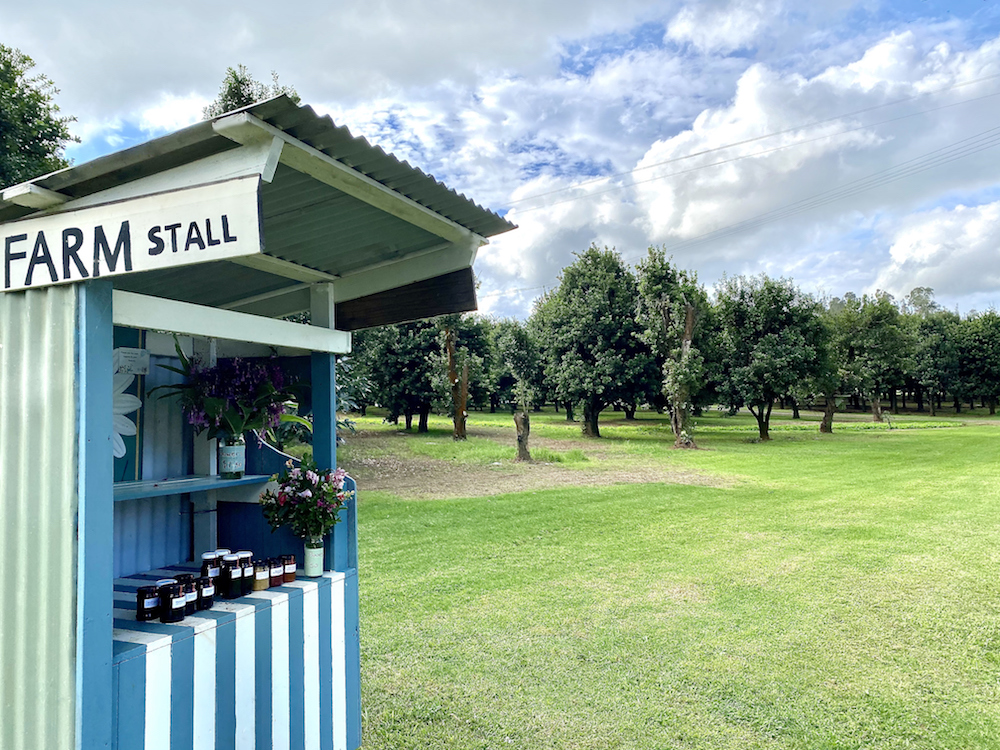 A roadside rural farm stall sells preserves and flowers in Fernleigh near Byron Bay.