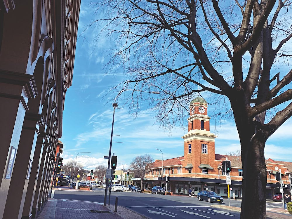 Heritage clock tower building on Dean Street, Albury