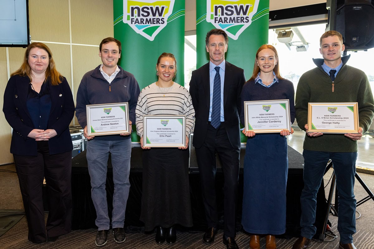 Future farm leaders: Tertiary Scholarship recipients Andrew Newton, Ellie Peart, Jennifer Corderoy and George Hatty with NSW Agriculture Minister Tara Moriarty and NSW Premier Chris Minns.