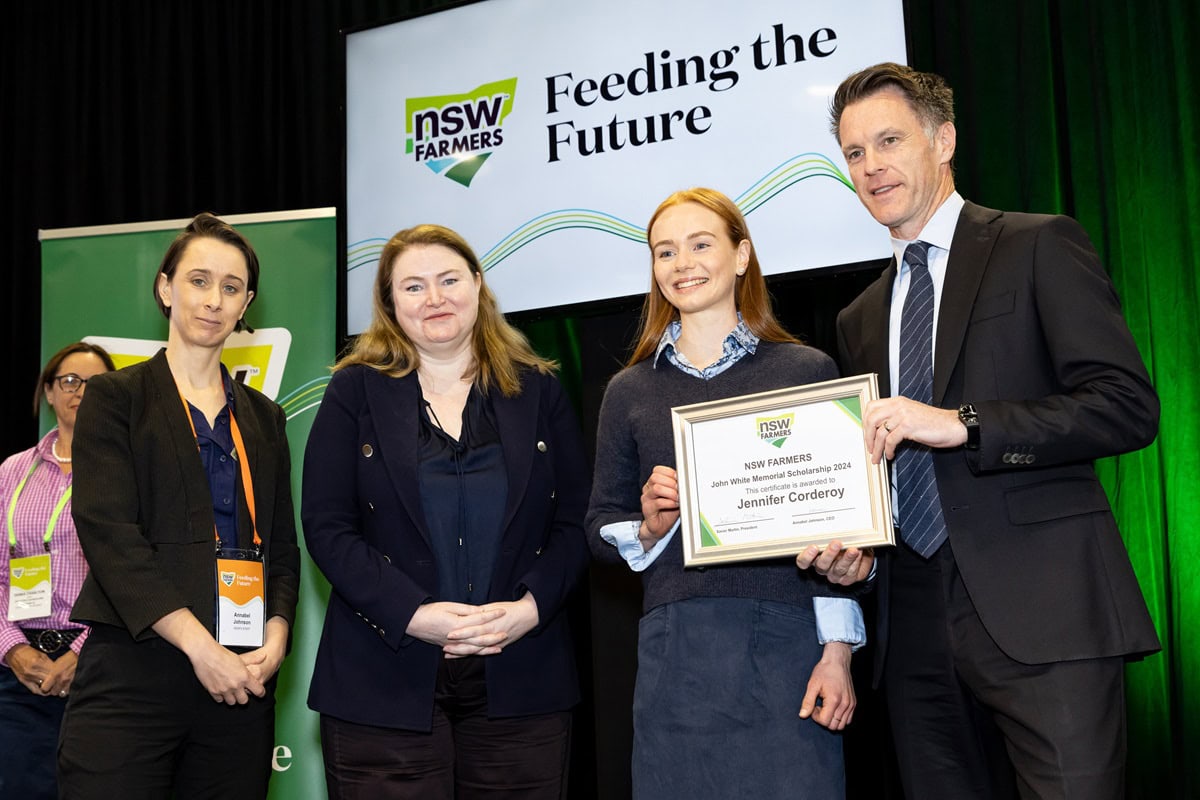 Future farm leaders: Jennifer Corderoy from Narromine with NSW Farmers CEO Annabel Johnson, NSW Agriculture Minister Tara Moriarty and NSW Premier Chris Minns